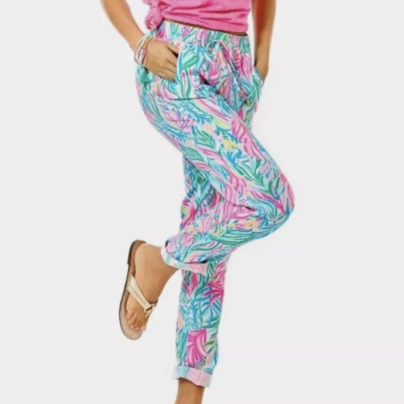 Lilly Pulitzer Taron Linen Pants Small Sea Turtle Soiree Lagoon Pull On Resort - Picture 9 of 10